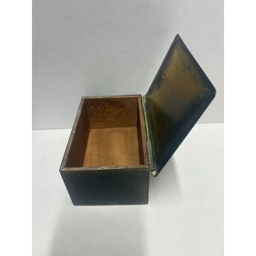 Box Hammered Brass Wood inside trinket small rectangular 5 x 2.5 x 3.5 vintage
